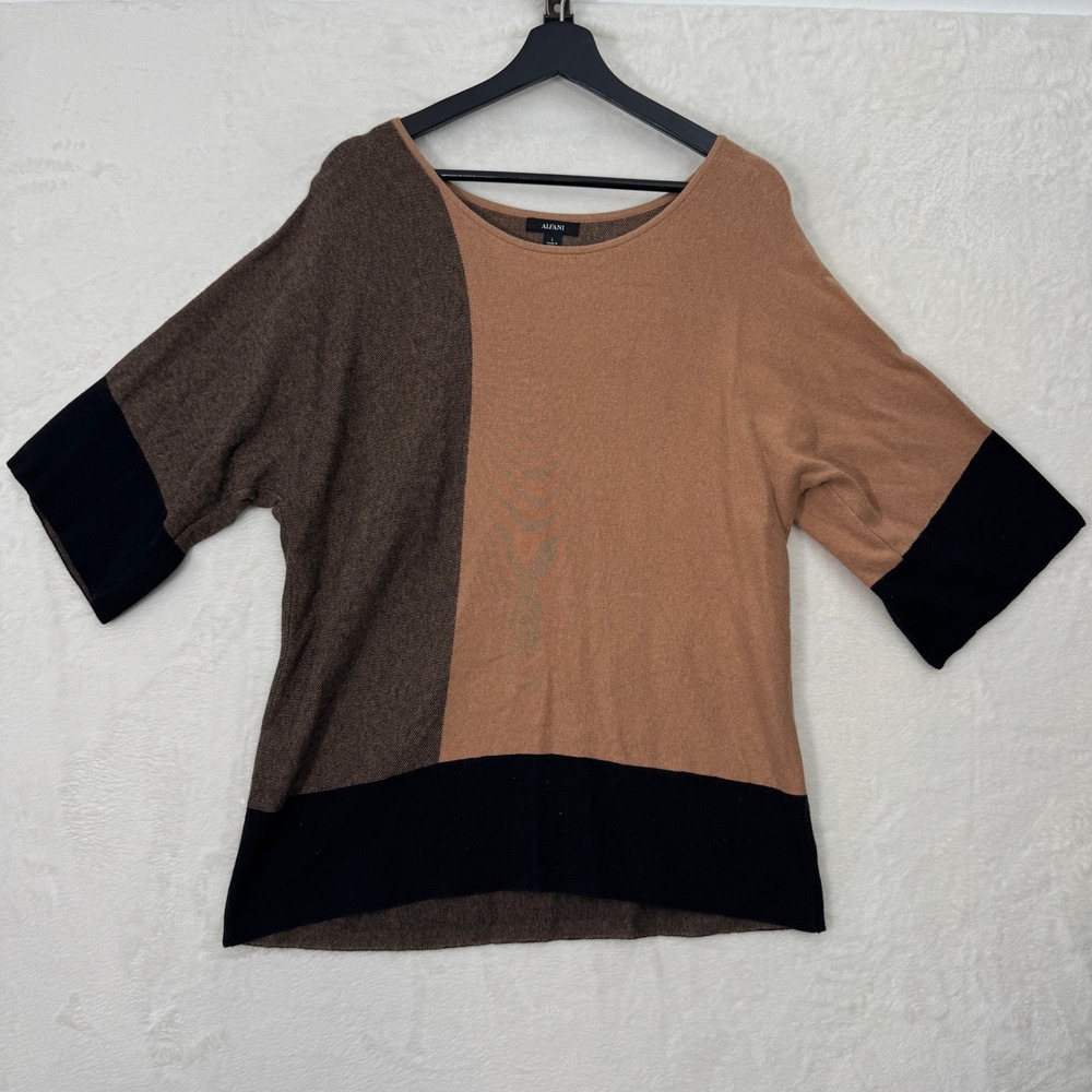 Alfani Sweater Womens L Brown Colorblock Scoop Neck Relaxed Elbow Sleeve Knit